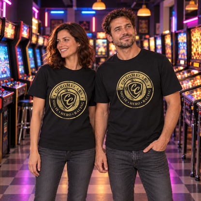 Zwei Personen stehen nebeneinander und blicken seitlich in der Retro-Spielhalle; beide tragen schwarze T-Shirts mit goldfarbenem ChromeCars-Logo vorne.