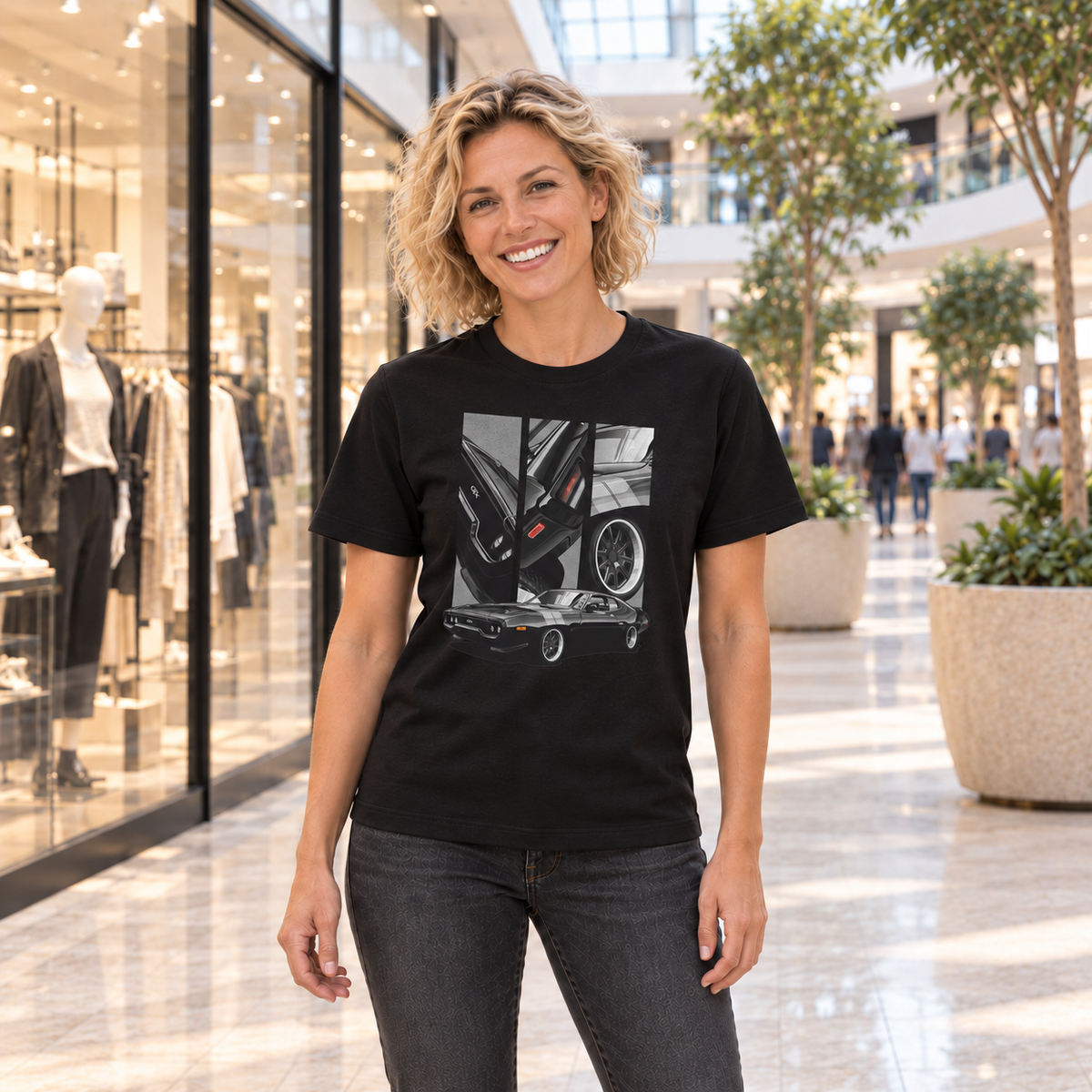 Frau von vorn im schwarzen T-Shirt mit GTX-Motiv auf der Vorderseite, in einer Einkaufspassage mit Schaufenstern.