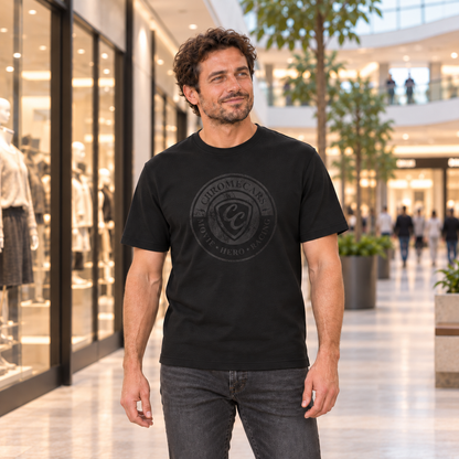 Ein Mann steht mit gesenkten Armen vor Schaufenstern im Shopping-Center und blickt zur Seite; schwarzes T-Shirt mit dezentem schwarzem Used-Logo vorn.