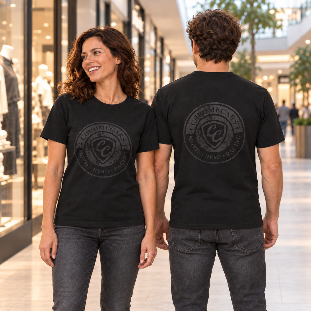Zwei Personen stehen vor Schaufenstern im Shopping-Center, die Frau lächelnd von vorn und der Mann von hinten; schwarze T-Shirts mit dezenten schwarzen Brust- beziehungsweise Rückenmotiven.