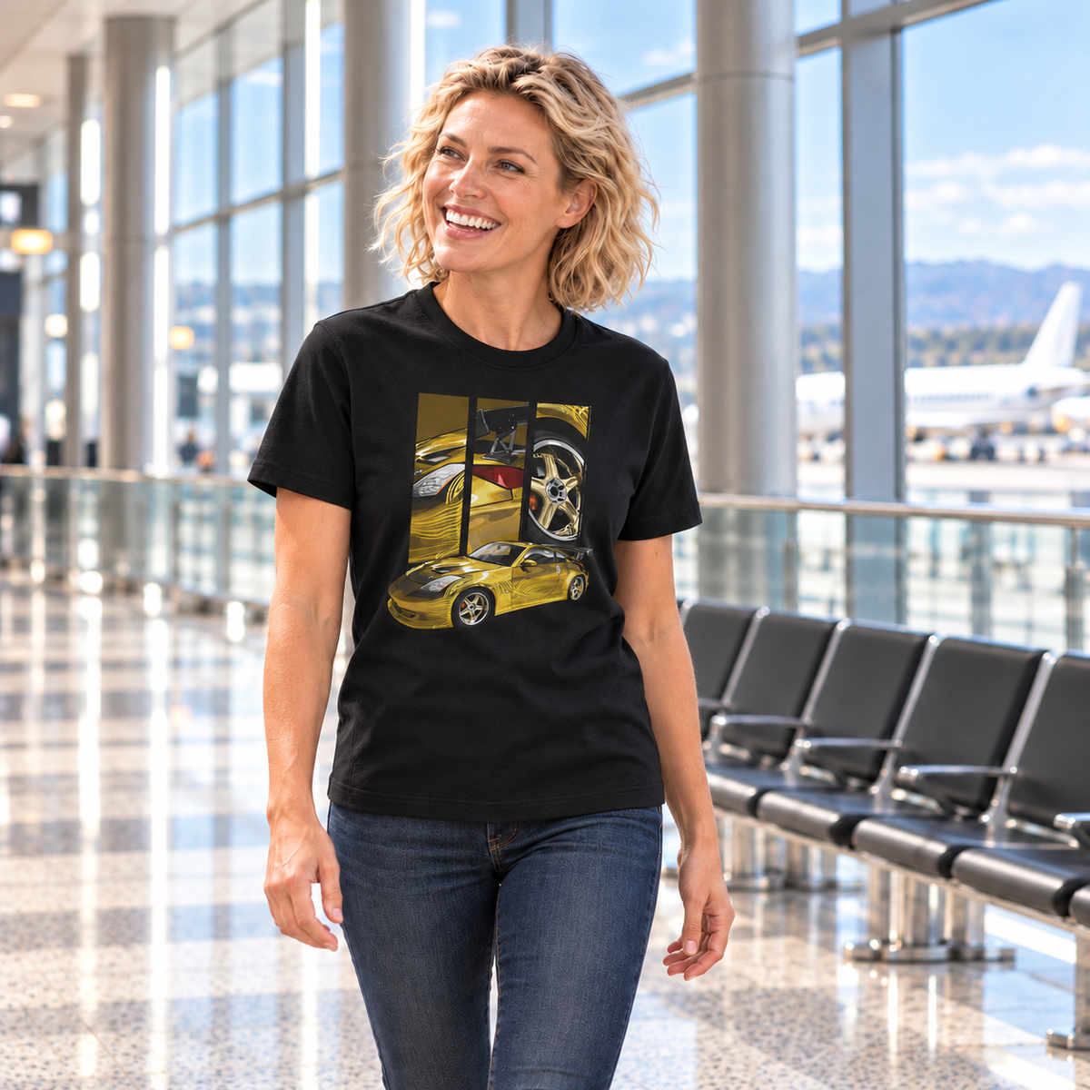 Frau von vorn im schwarzen T-Shirt mit Z350-Motiv auf der Vorderseite, in einem hellen Flughafen-Terminal mit Glasfront und Sitzreihen.