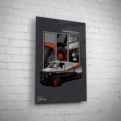 A-Team Vandura – Detail Triptych auf gebürstetem Aluminium an weißer Ziegelwand