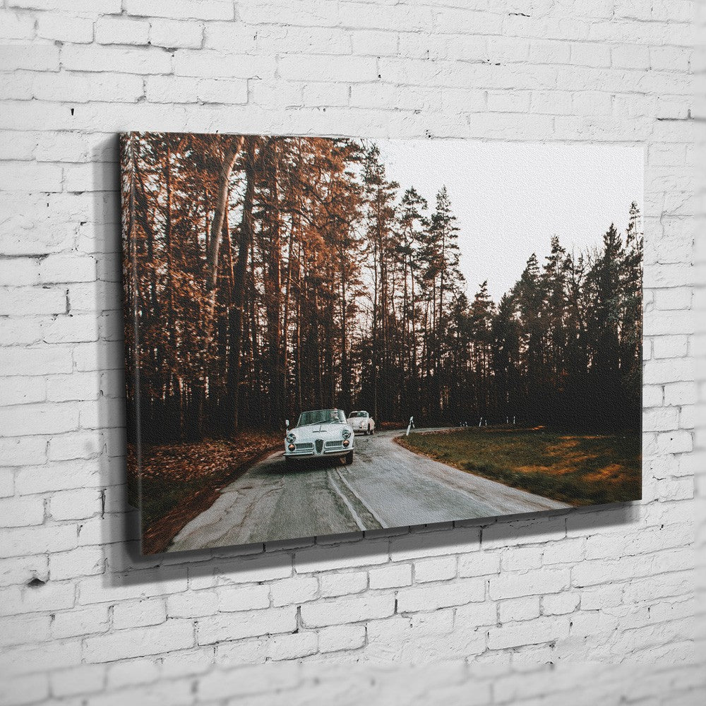 Alfa Romeo – Autumn Road auf Leinwand an weißer Ziegelwand