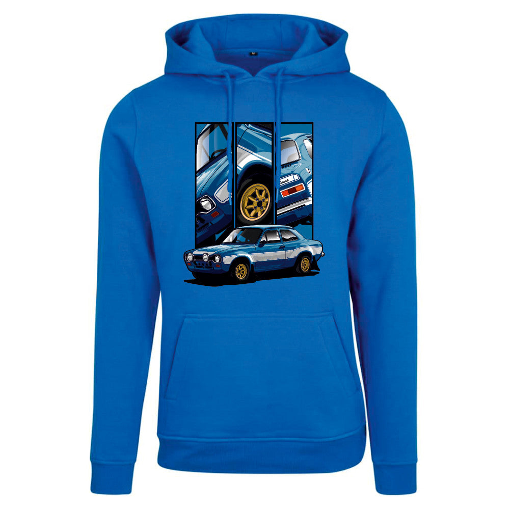 Brian’s Escort – Detail Triptych auf blauem Hoodie – Vorderansicht