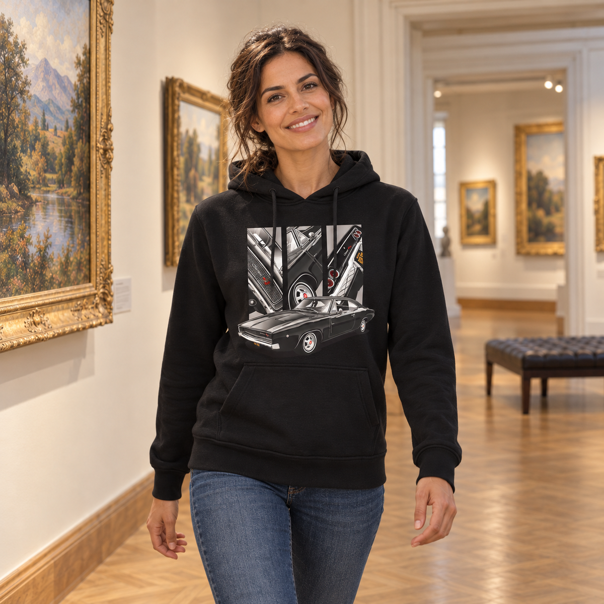 Frau im schwarzen Hoodie steht lächelnd zwischen Gemälden im Ausstellungsraum. Ihre Vorderseite zeigt ein dunkles Coupé und drei gerahmte Front-, Rad- und Heckdetails.