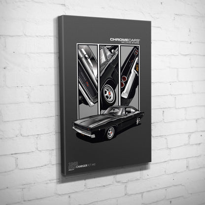 Bullitt Charger – Detail Triptych auf Leinwand an weißer Ziegelwand