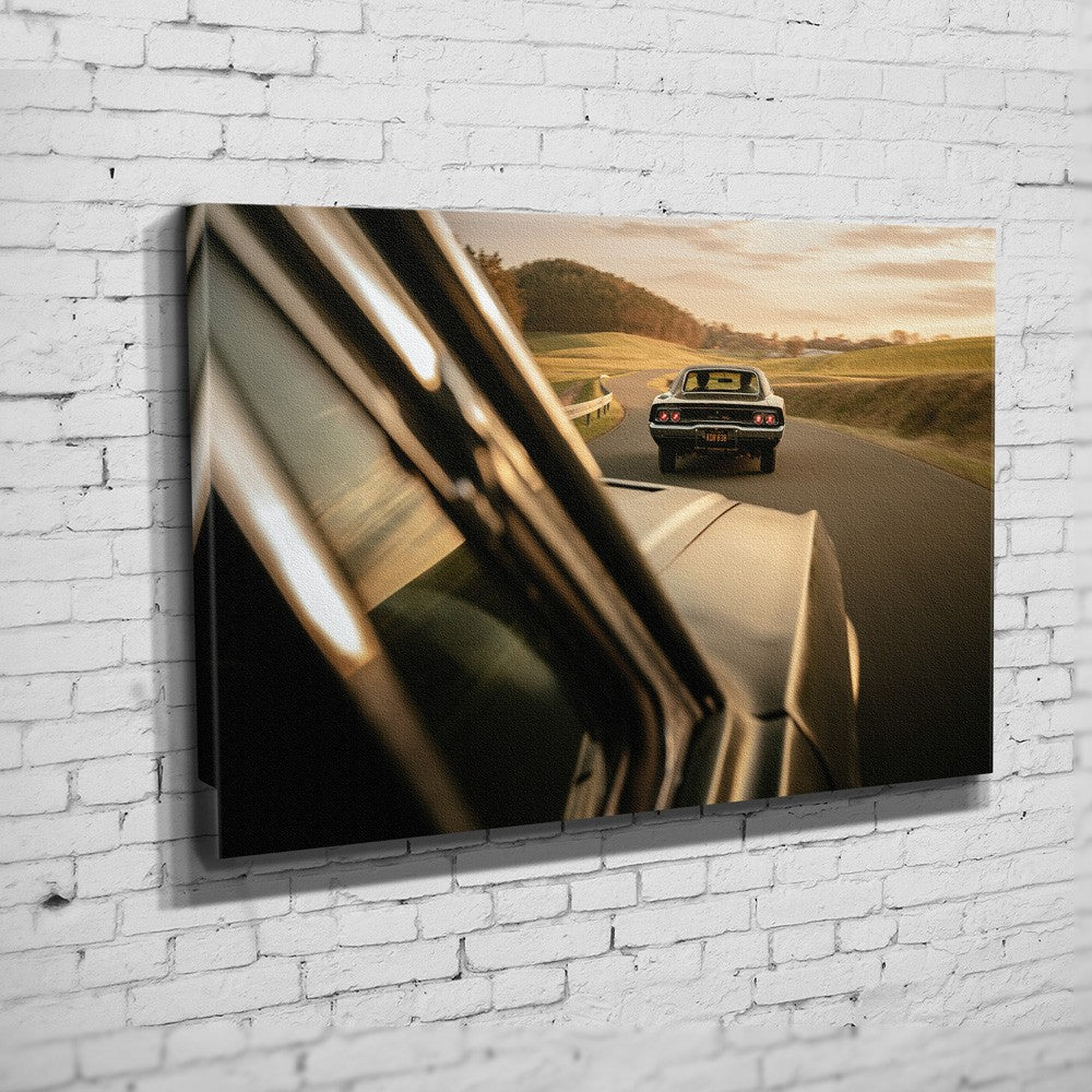 Bullitt Charger – Rearview Pursuit auf Leinwand an weißer Ziegelwand
