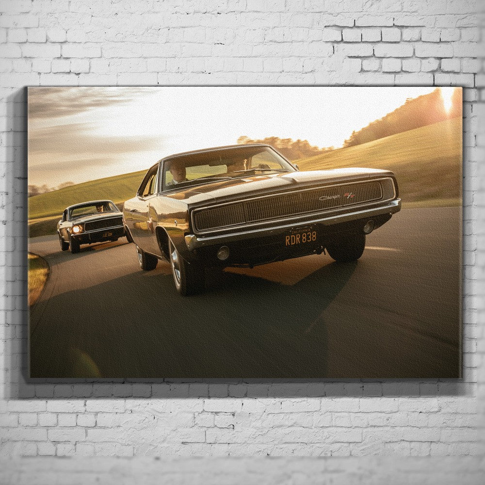 Bullitt Charger – Sunset Front Chase als Wandmotiv