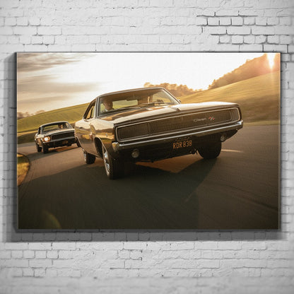 Bullitt Charger – Sunset Front Chase als Wandmotiv