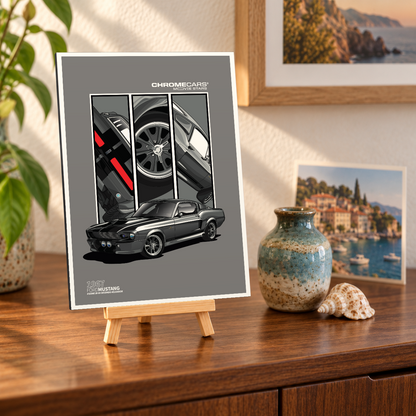 Mockup einer kleinen hochformatigen Alu-Dibond-Bildplatte auf einer Holzstaffelei, leicht schräg von vorn auf einer Holzkommode gezeigt. Das Motiv zeigt den dunkelgrauen Ford Mustang „ELEANOR“ in vorderer Dreiviertelansicht vor drei Detailfeldern mit Heckleuchten, Rad und Karosserie. Vase, Muschel, Pflanzen und Küstenbilder gehören zur Szenerie, nicht zum Lieferumfang.