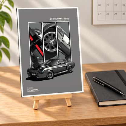 Mockup einer kleinen hochformatigen Alu-Dibond-Bildplatte auf einer Holzstaffelei, in naher, nahezu frontaler Ansicht auf einem Holzschreibtisch. Das Motiv zeigt den dunkelgrauen Ford Mustang „ELEANOR“ in vorderer Dreiviertelansicht vor drei senkrechten Detailfeldern mit Heckleuchten, Rad und Karosserie. Notizbuch mit Stift, Wandkalender und Pflanze gehören zur Szenerie, nicht zum Lieferumfang.