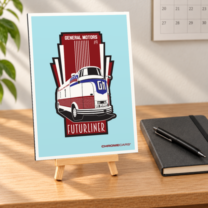 Mockup einer kleinen Alu-Dibond-Bildplatte im Hochformat auf einer Holzstaffelei, nahezu frontal auf einem Holzschreibtisch betrachtet; die linke Plattenkante ist sichtbar. Das Motiv zeigt den rot-weißen GM Futurliner #9 mit blauer Frontpartie in Dreiviertelansicht auf türkisfarbenem Grund mit rot-schwarzer Grafik. Notizbuch, Stift, Wandkalender und Pflanze sind Szenerie, nicht Lieferumfang.
