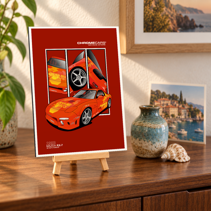 Mockup einer kleinen hochformatigen Alu-Dibond-Bildplatte auf Holzstaffelei, leicht schräg von vorn auf einer Holzkommode gezeigt. Das Motiv zeigt den orangefarbenen Mazda RX-7 „Orange Julius“ in Front-Dreiviertelansicht mit drei senkrechten Detailausschnitten auf rotem Grund mit weißem Rand. Vase, Muschel, Pflanze und gerahmte Küstenbilder dienen nur als Szenerie.