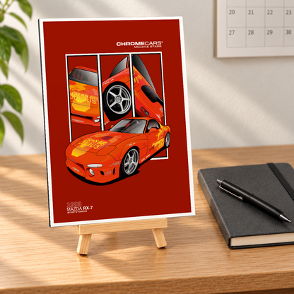 Mockup einer kleinen hochformatigen Alu-Dibond-Bildplatte auf Holzstaffelei, in näherer, leicht schräger Frontansicht auf einem Holzschreibtisch. Das Motiv zeigt den orangefarbenen Mazda RX-7 „Orange Julius“ in Front-Dreiviertelansicht vor drei senkrechten Fahrzeugdetails auf rotem Grund mit weißem Rand. Rechts liegen ein schwarzes Notizbuch und ein Stift; Wandkalender und Pflanze ergänzen die Szenerie und gehören nicht zum Lieferumfang.