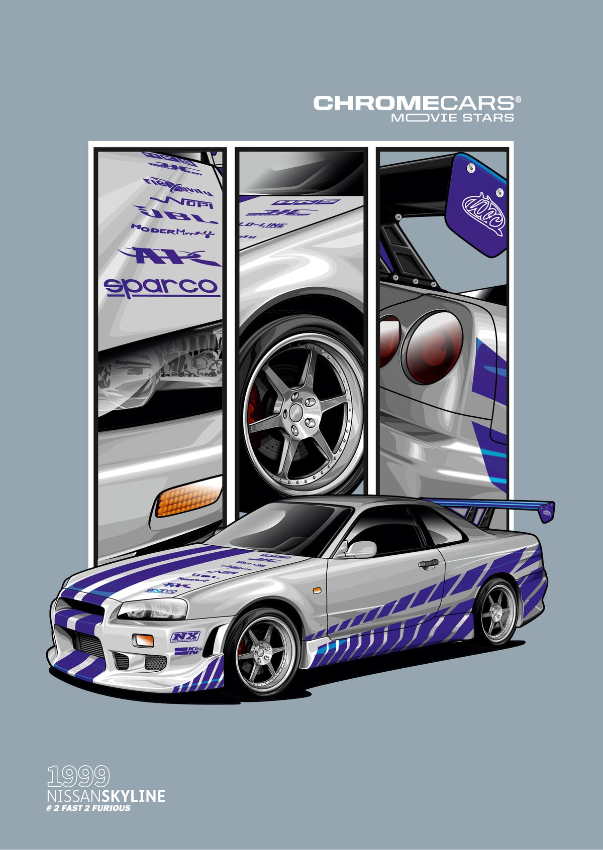 Graublaues Hochformat mit einem grafisch dargestellten silbernen Nissan Skyline GT-R R34, blauvioletten Streifen und Heckflügel, schräg von vorn. Dahinter drei senkrechte Detailfelder mit Front und Schriftzügen, Rad samt rotem Bremssattel sowie Rückleuchten und Heckflügel. Oben steht „CHROMECARS® MOVIE STARS“, unten „1999“, „NISSAN SKYLINE“ und „# 2 FAST 2 FURIOUS“.