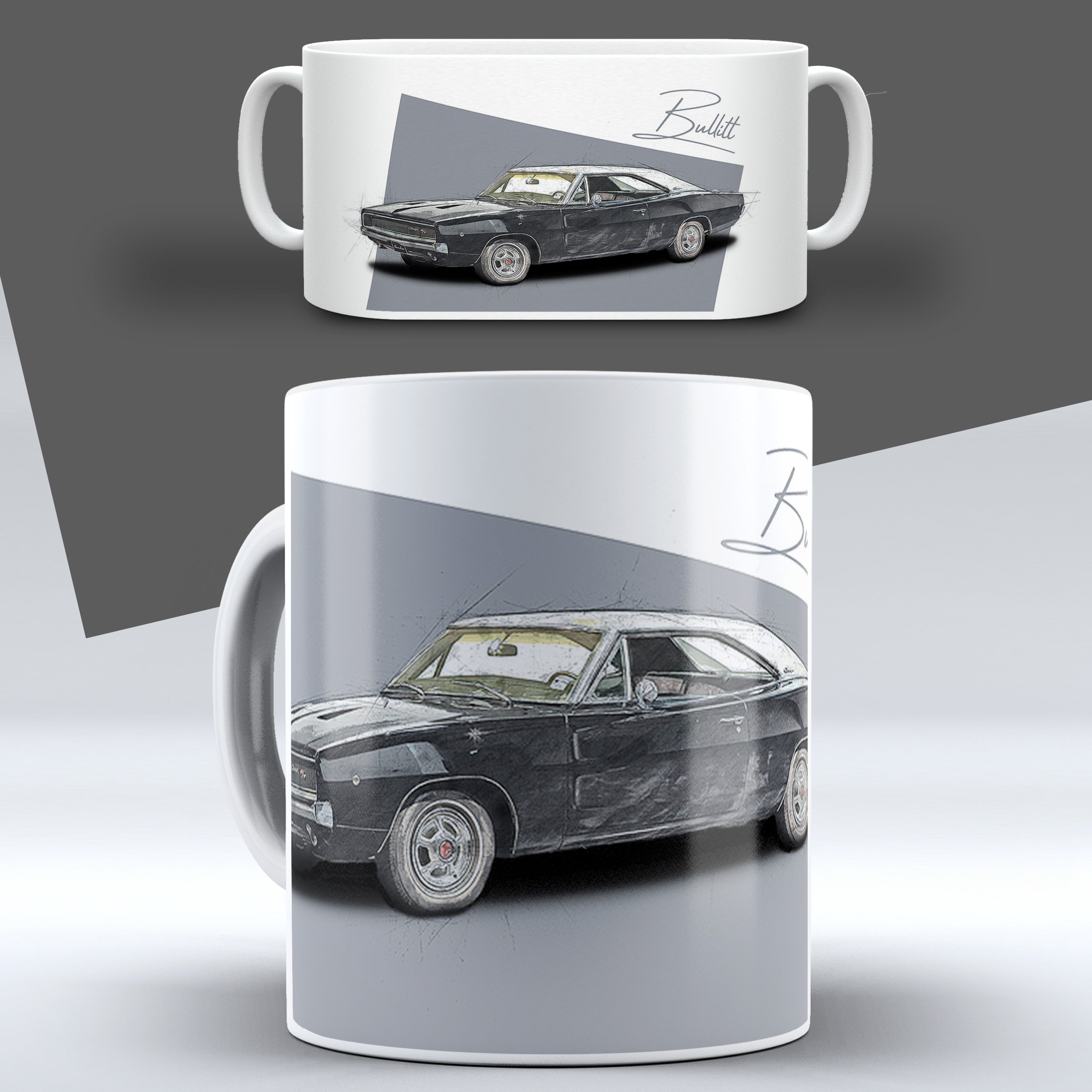 Bullitt Charger – Grey Sketch auf einer Tasse – Vorder- und Seitenansicht