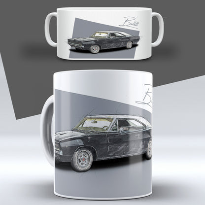 Bullitt Charger – Grey Sketch auf einer Tasse – Vorder- und Seitenansicht