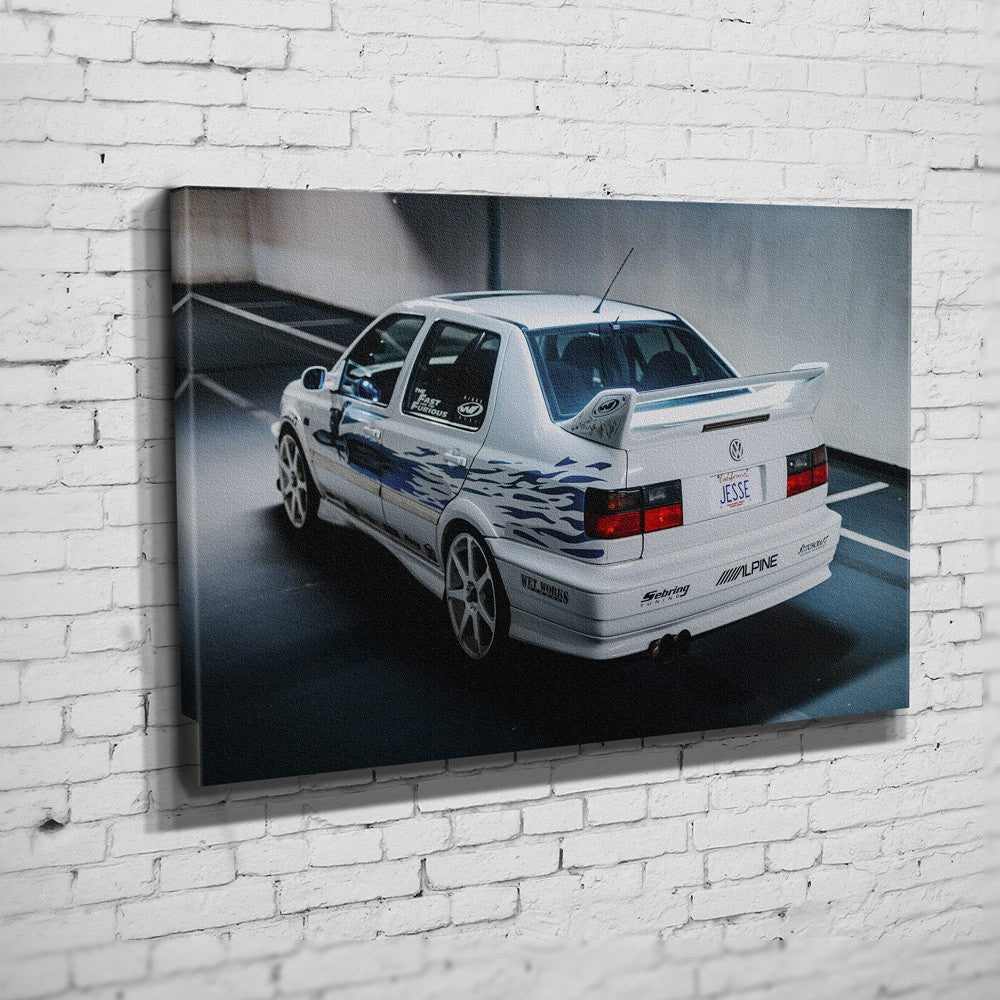 Jesse’s VW Jetta – Garage Rear auf Leinwand an weißer Ziegelwand
