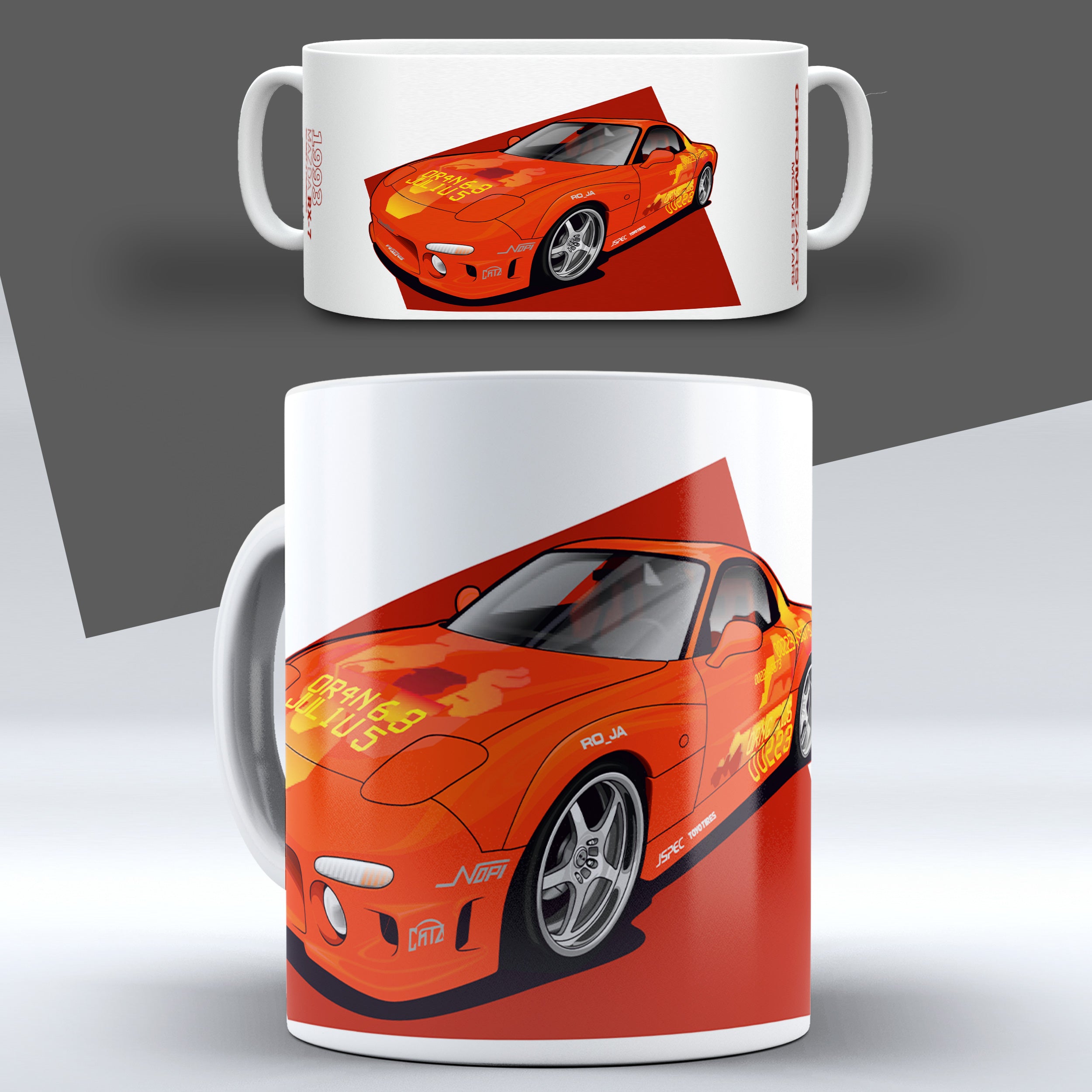 Orange Julius RX-7 – Concept Sketch auf einer Tasse – Vorder- und Seitenansicht
