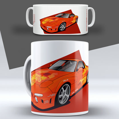 Orange Julius RX-7 – Concept Sketch auf einer Tasse – Vorder- und Seitenansicht