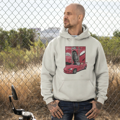 Suki’s Honda S2000 – Detail Triptych auf cremeweiß Hoodie – Herrenmodell