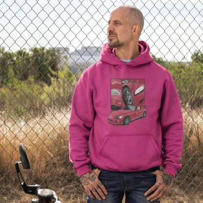Suki’s Honda S2000 – Detail Triptych auf magenta Hoodie – Herrenmodell