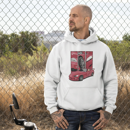 Suki’s Honda S2000 – Detail Triptych auf weiß Hoodie – Herrenmodell