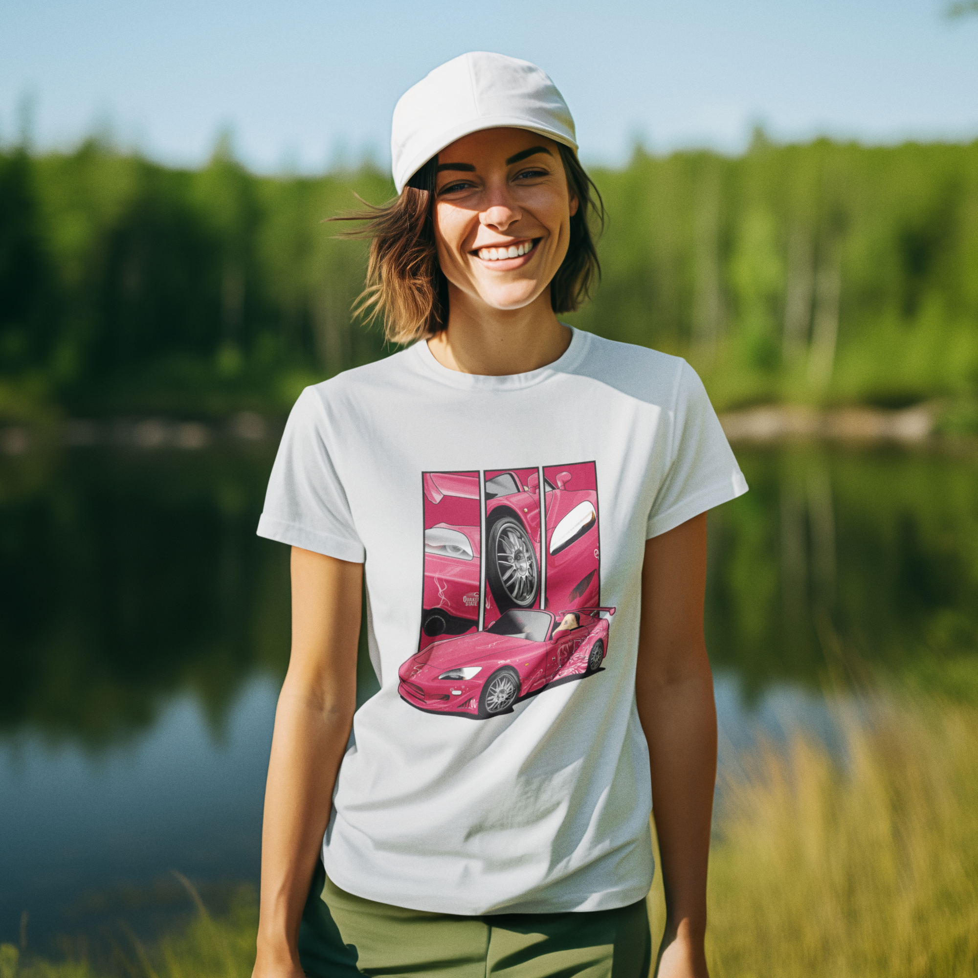 Suki’s Honda S2000 – Detail Triptych auf weiß T-Shirt – Damenmodell