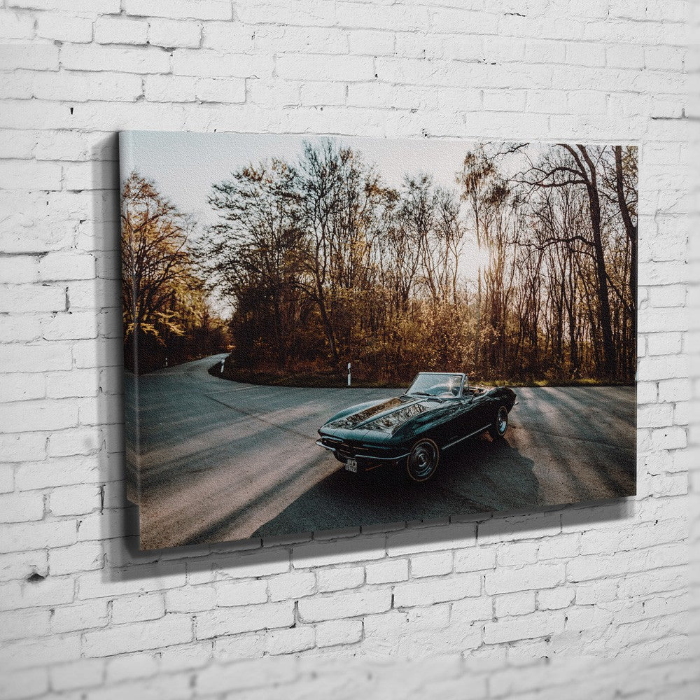 Corvette Stingray C2 – Forest Hairpin auf Leinwand an weißer Ziegelwand