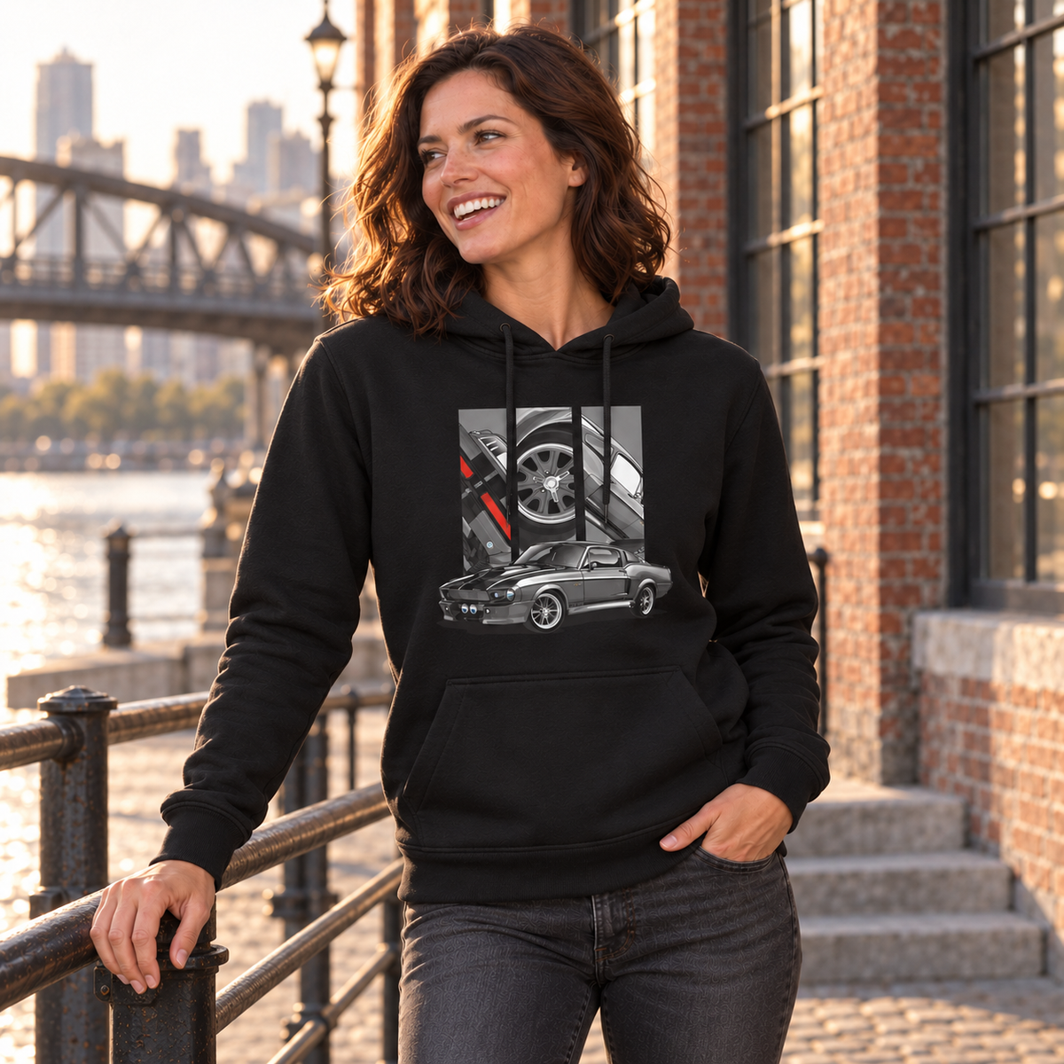 Lächelnde Frau im schwarzen Eleanor-Hoodie mit einer Hand am Ufergeländer; das Frontmotiv zeigt das graue Auto unter drei Detailfeldern.