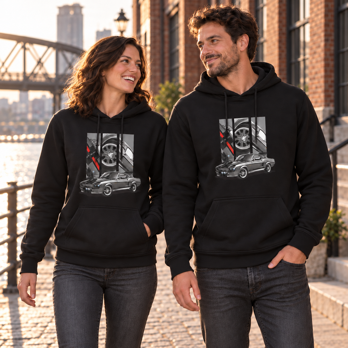 Frau und Mann in schwarzen Eleanor-Hoodies schauen sich am Ufer an; beide Frontmotive sind vor Backsteinfassade und Brücke sichtbar.