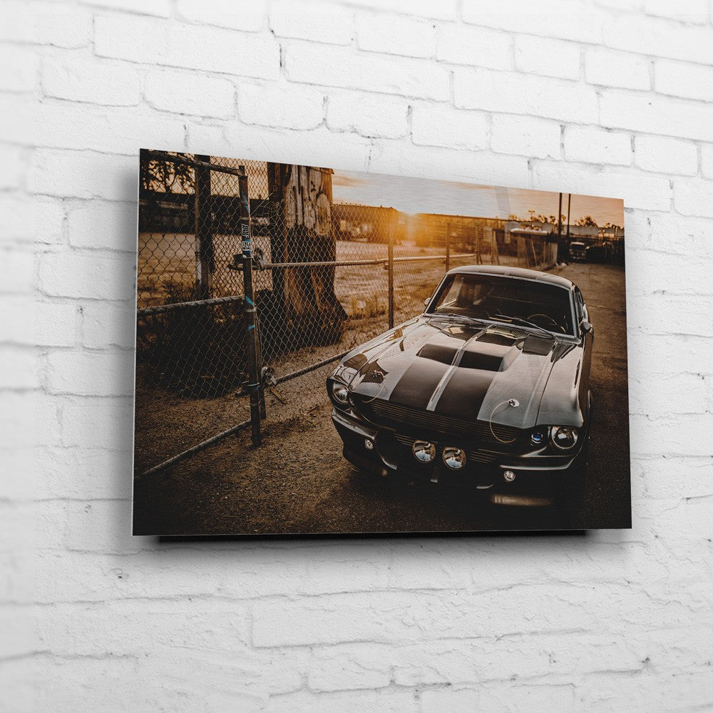 Eleanor – Junkyard Sunset auf gebürstetem Aluminium an weißer Ziegelwand