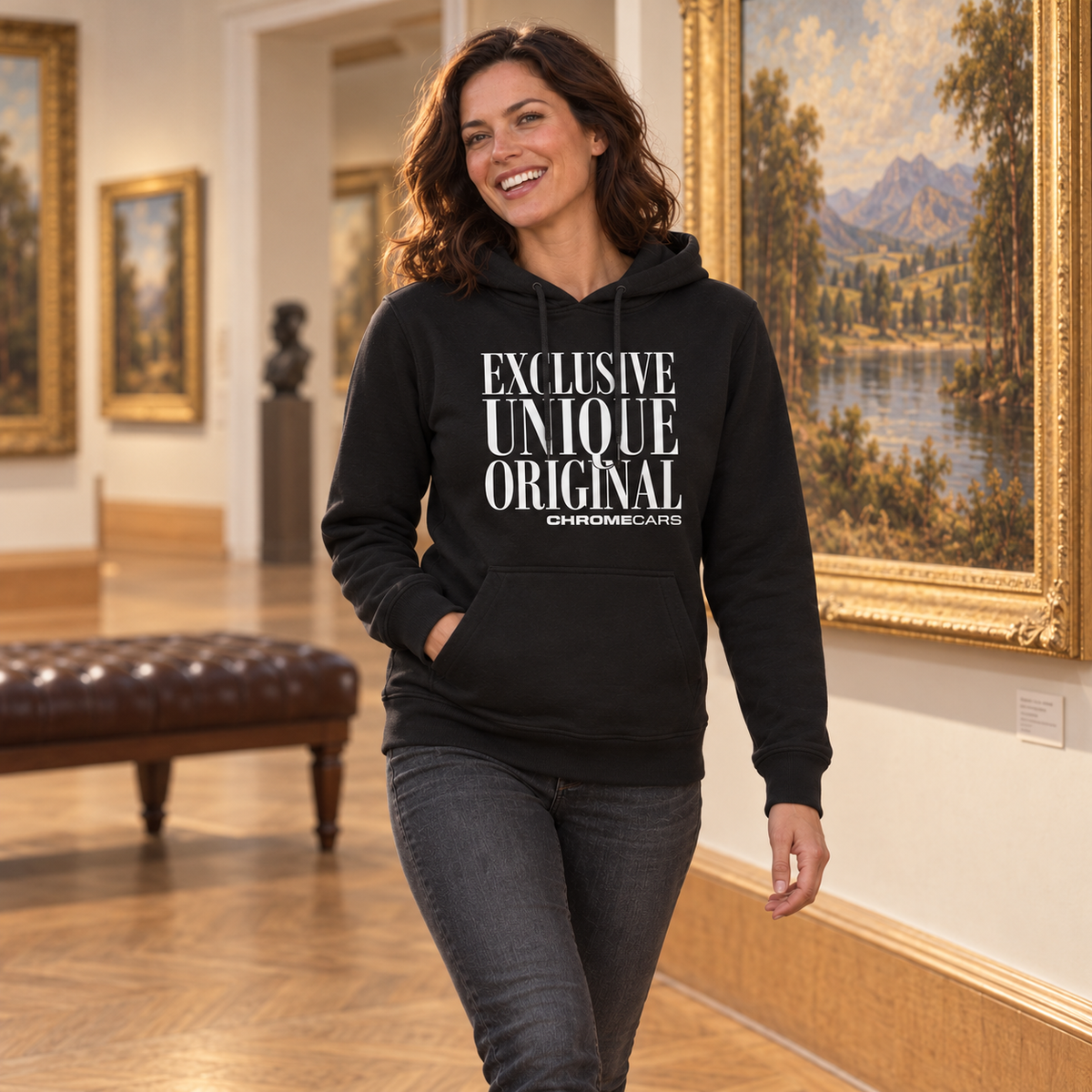 Eine Frau im schwarzen Hoodie mit weißem Schriftmotiv geht an einem goldgerahmten Landschaftsgemälde vorbei. Eine Hand steckt in der Kängurutasche, die andere hängt neben der dunklen Jeans.