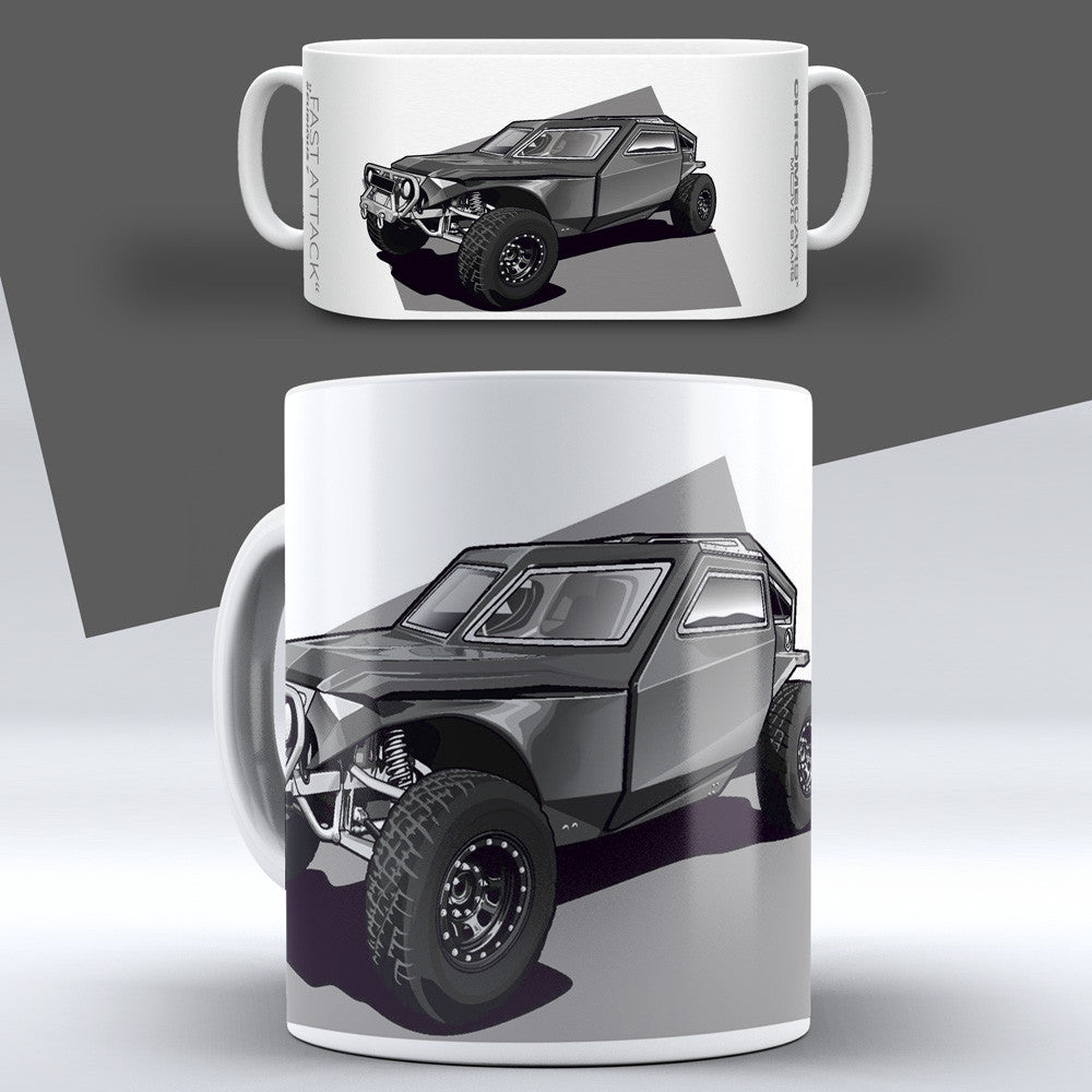 Fast Attack – Concept Sketch auf einer Tasse – Vorder- und Seitenansicht