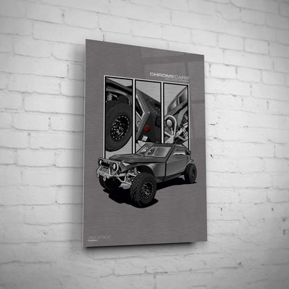 Fast Attack – Detail Triptych auf gebürstetem Aluminium an weißer Ziegelwand