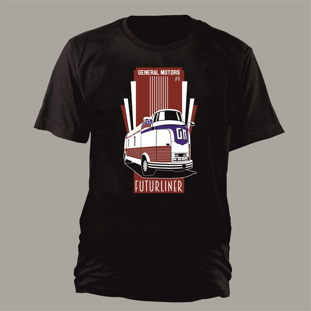 Futurliner – Original Hero Car auf schwarzem T-Shirt – Vorderansicht