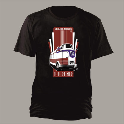 Futurliner – Original Hero Car auf schwarzem T-Shirt – Vorderansicht