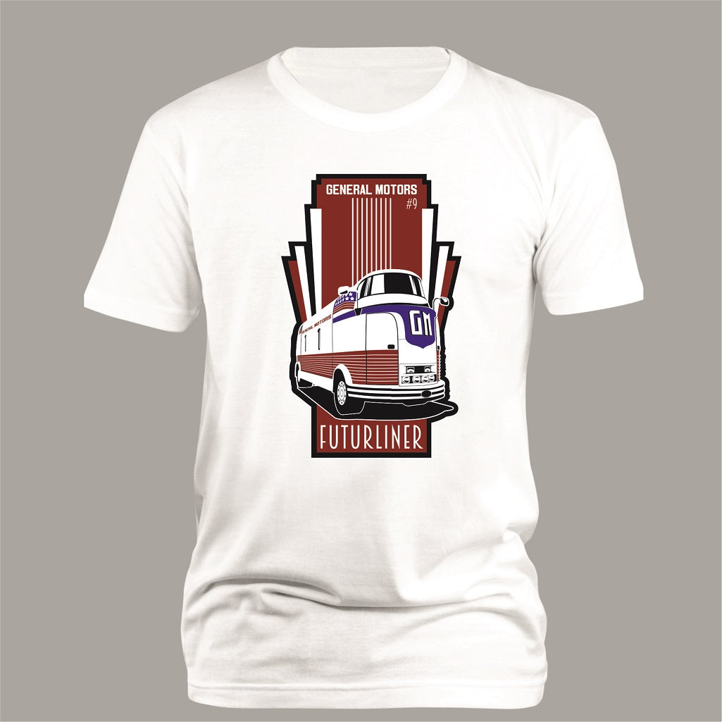 Futurliner – Original Hero Car auf weißem T-Shirt – Vorderansicht