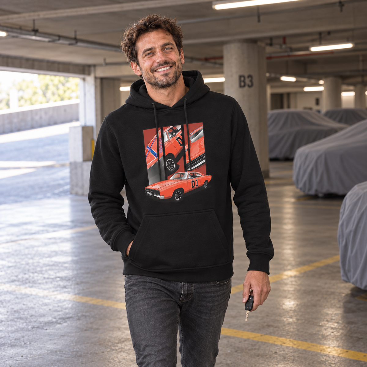 Mann im schwarzen Hoodie mit orangem Coupé, Türzahl 01 und drei Detailfeldern auf der Vorderseite. Er steht mit einem Autoschlüssel in einer Garage mit abgedeckten Fahrzeugen.