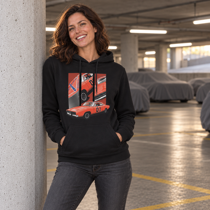 Frau im schwarzen Hoodie lehnt lächelnd an einer Betonstütze in der Garage. Auf der Vorderseite ist das orange Coupé vor drei schwarz gerahmten Detailfeldern zu sehen.
