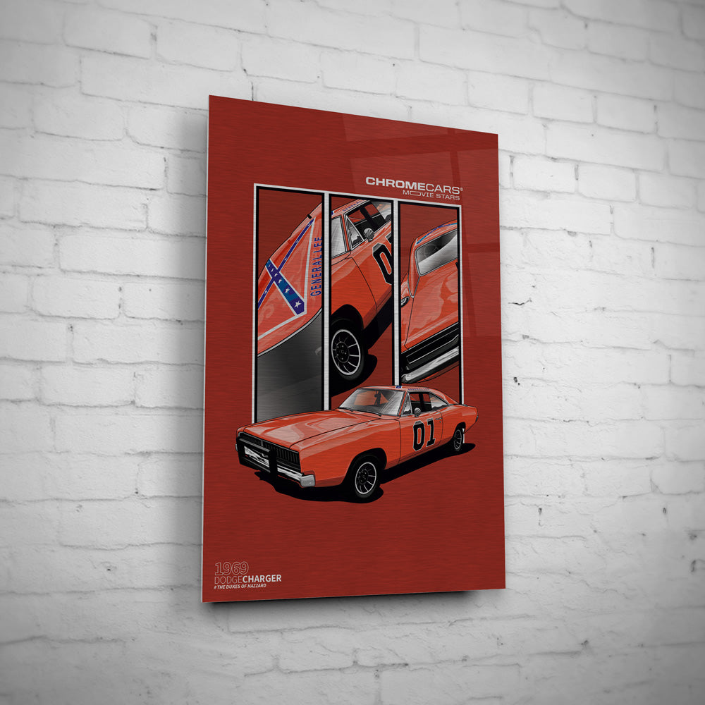 General Lee – Detail Triptych auf gebürstetem Aluminium an weißer Ziegelwand