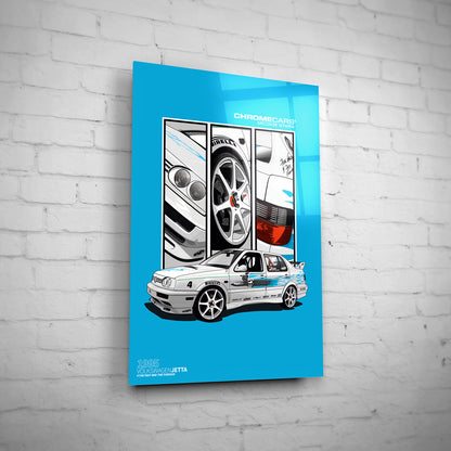 Jesse’s VW Jetta – Detail Triptych auf Acrylglas an weißer Ziegelwand
