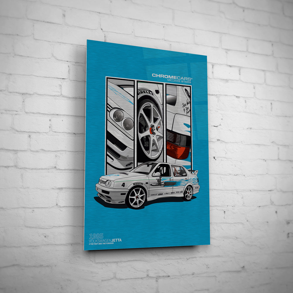 Jesse’s VW Jetta – Detail Triptych auf gebürstetem Aluminium an weißer Ziegelwand