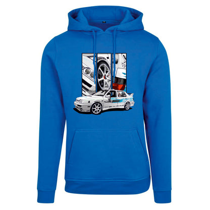 Jesse’s VW Jetta – Detail Triptych auf blauem Hoodie – Vorderansicht