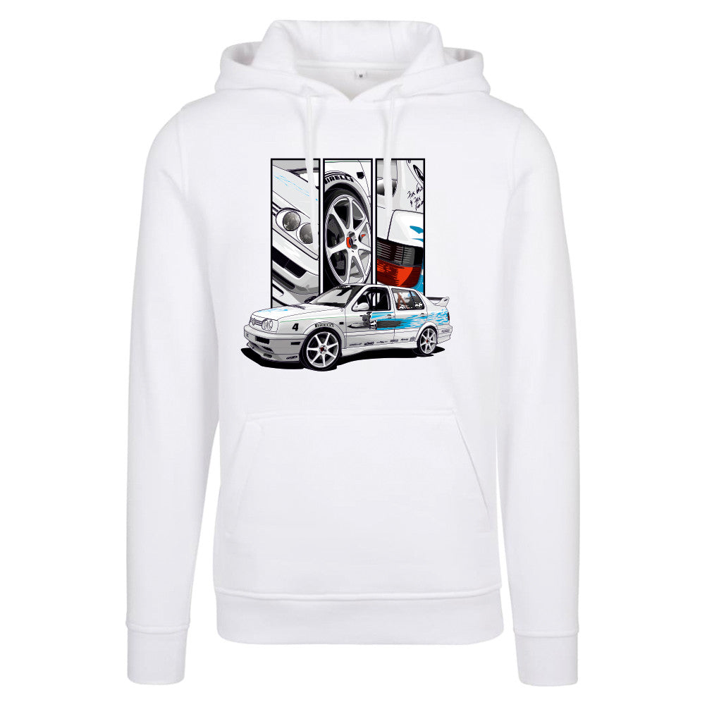 Jesse’s VW Jetta – Detail Triptych auf weißem Hoodie – Vorderansicht