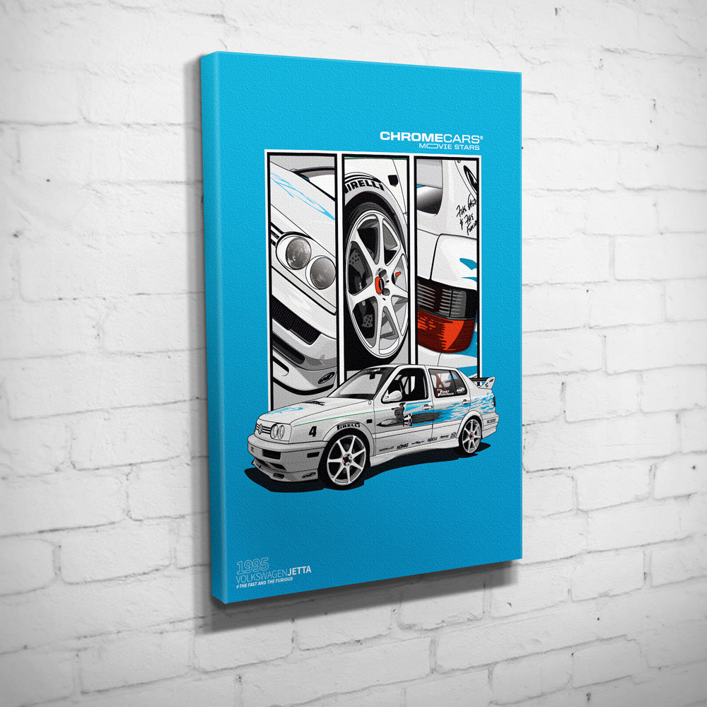 Jesse’s VW Jetta – Detail Triptych auf Leinwand an weißer Ziegelwand