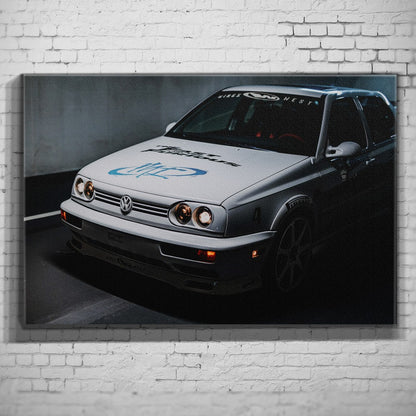 Jesse’s VW Jetta – Garage Front Close auf Leinwand an weißer Ziegelwand
