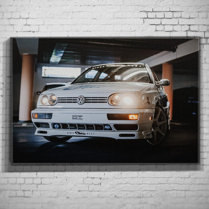 Jesse’s VW Jetta – Garage Front auf Leinwand an weißer Ziegelwand