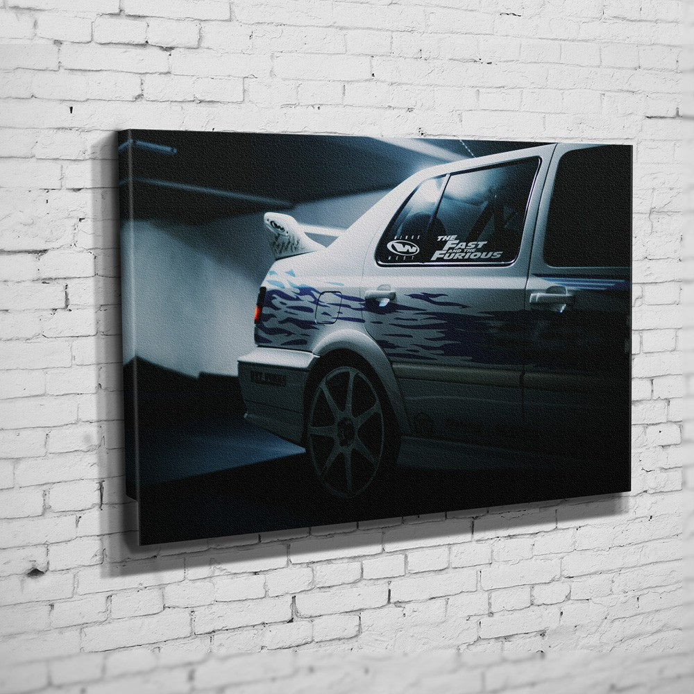 Jesse’s VW Jetta – Rear Quarter Detail auf Leinwand an weißer Ziegelwand
