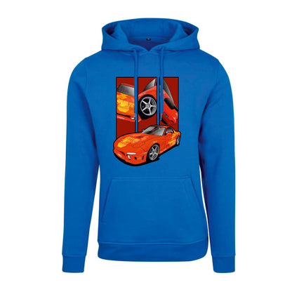 Orange Julius RX-7 – Detail Triptych auf blauem Hoodie – Vorderansicht